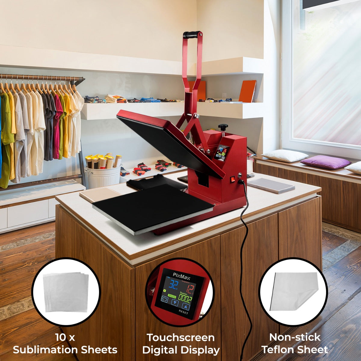 Clam Heat Press 38 x 38cm, PTFE Sheet & Sublimation Paper